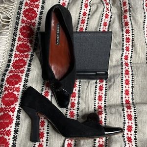 Sesto Meucci block heel pump Pom Pom leather and fur